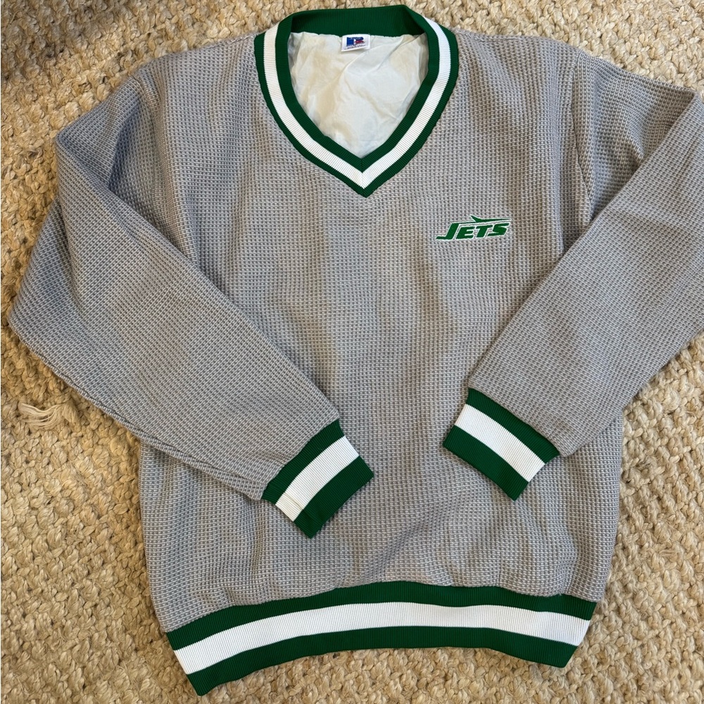 Russell Athletic Gray V-Neck Sweater with Green Trim